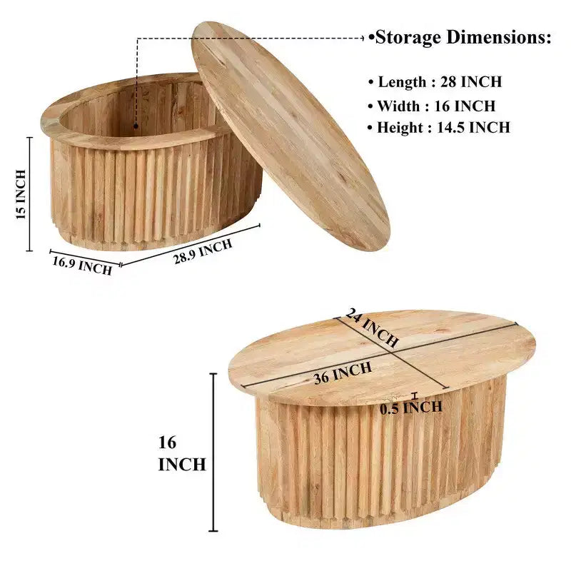 Tavolino da Caffè Rotondo Royal Hampton, Piano Ovale in Legno di Mango Lavorato Artigianalmente, Base Scanalata con Vano Nascosto, 91 cm -