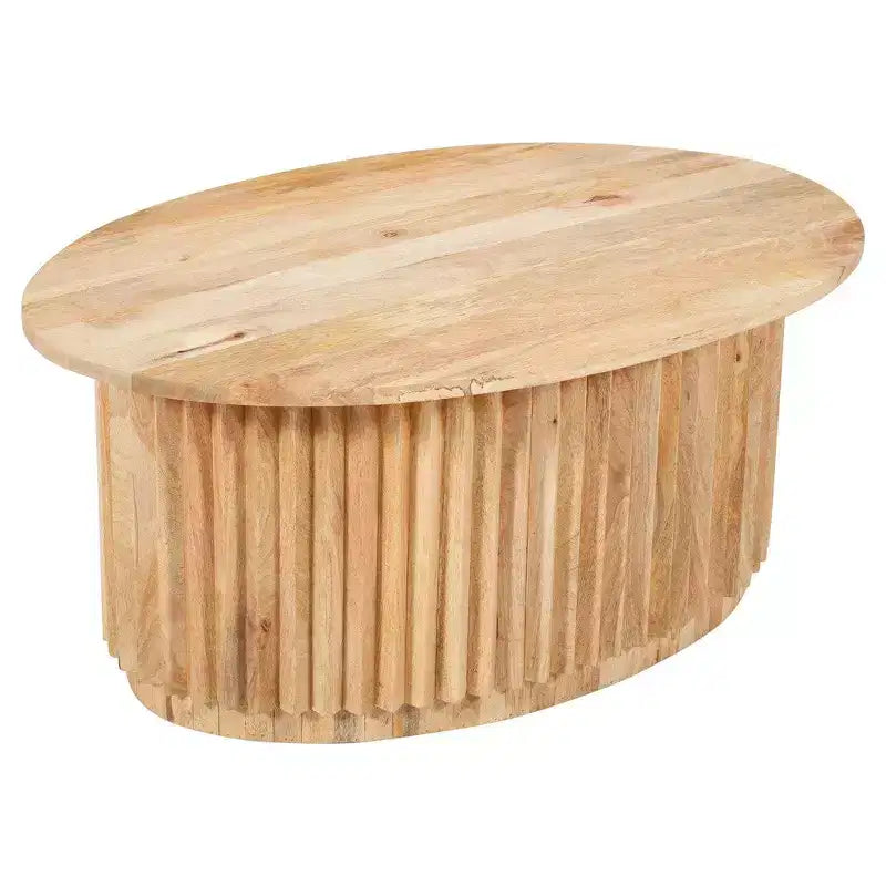 Tavolino da Caffè Rotondo Royal Hampton, Piano Ovale in Legno di Mango Lavorato Artigianalmente, Base Scanalata con Vano Nascosto, 91 cm -