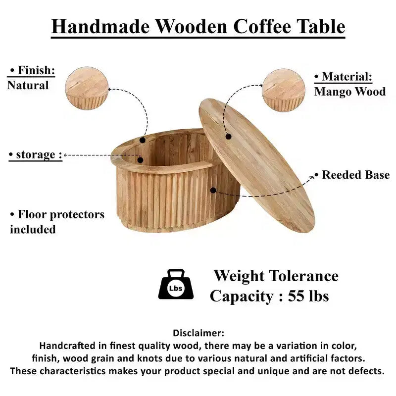Tavolino da Caffè Rotondo Royal Hampton, Piano Ovale in Legno di Mango Lavorato Artigianalmente, Base Scanalata con Vano Nascosto, 91 cm -