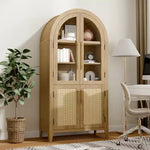 MAYEERTY Armadietto alto 63" ad arco, in legno, con ante in vetro e rattan, ripiani regolabili, per soggiorno e sala da pranzo, Naturale