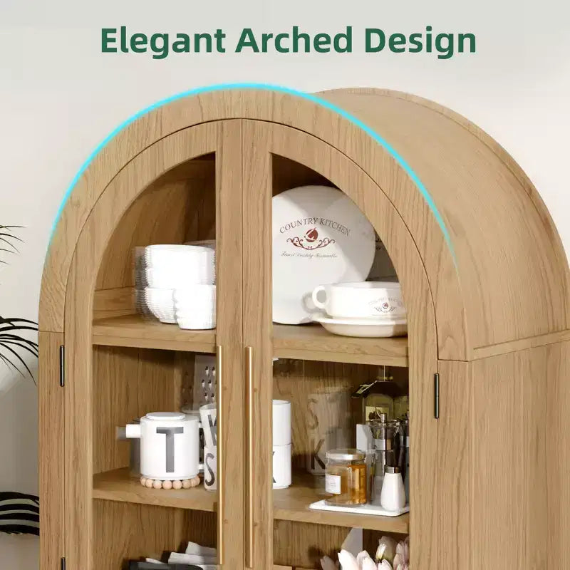 MAYEERTY Armadietto alto 63" ad arco, in legno, con ante in vetro e rattan, ripiani regolabili, per soggiorno e sala da pranzo, Naturale