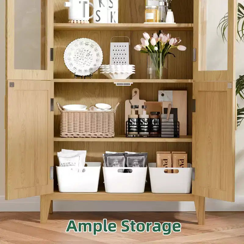 MAYEERTY Armadietto alto 63" ad arco, in legno, con ante in vetro e rattan, ripiani regolabili, per soggiorno e sala da pranzo, Naturale