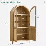 MAYEERTY Armadietto alto 63" ad arco, in legno, con ante in vetro e rattan, ripiani regolabili, per soggiorno e sala da pranzo, Naturale