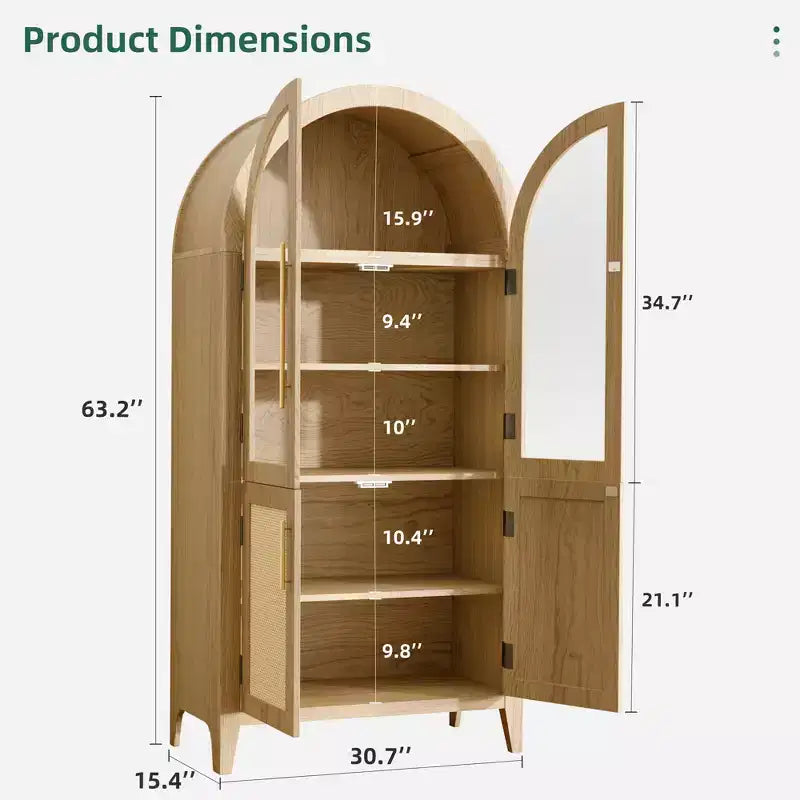 MAYEERTY Armadietto alto 63" ad arco, in legno, con ante in vetro e rattan, ripiani regolabili, per soggiorno e sala da pranzo, Naturale