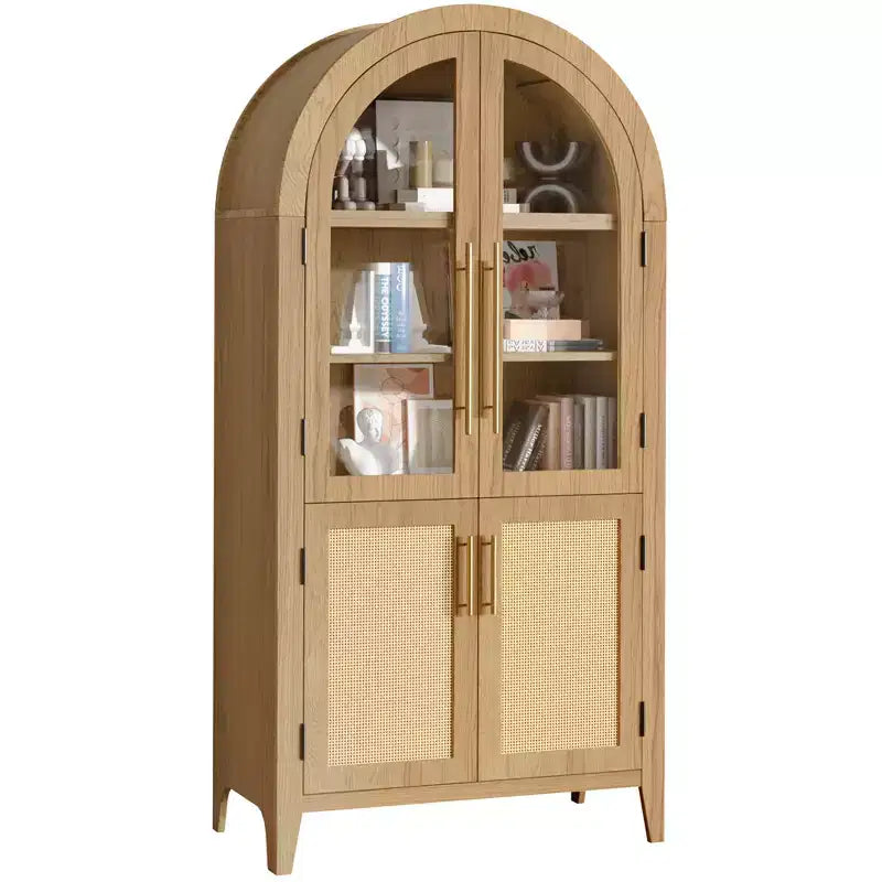 MAYEERTY Armadietto alto 63" ad arco, in legno, con ante in vetro e rattan, ripiani regolabili, per soggiorno e sala da pranzo, Naturale
