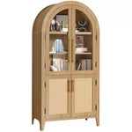 MAYEERTY Armadietto alto 63" ad arco, in legno, con ante in vetro e rattan, ripiani regolabili, per soggiorno e sala da pranzo, Naturale