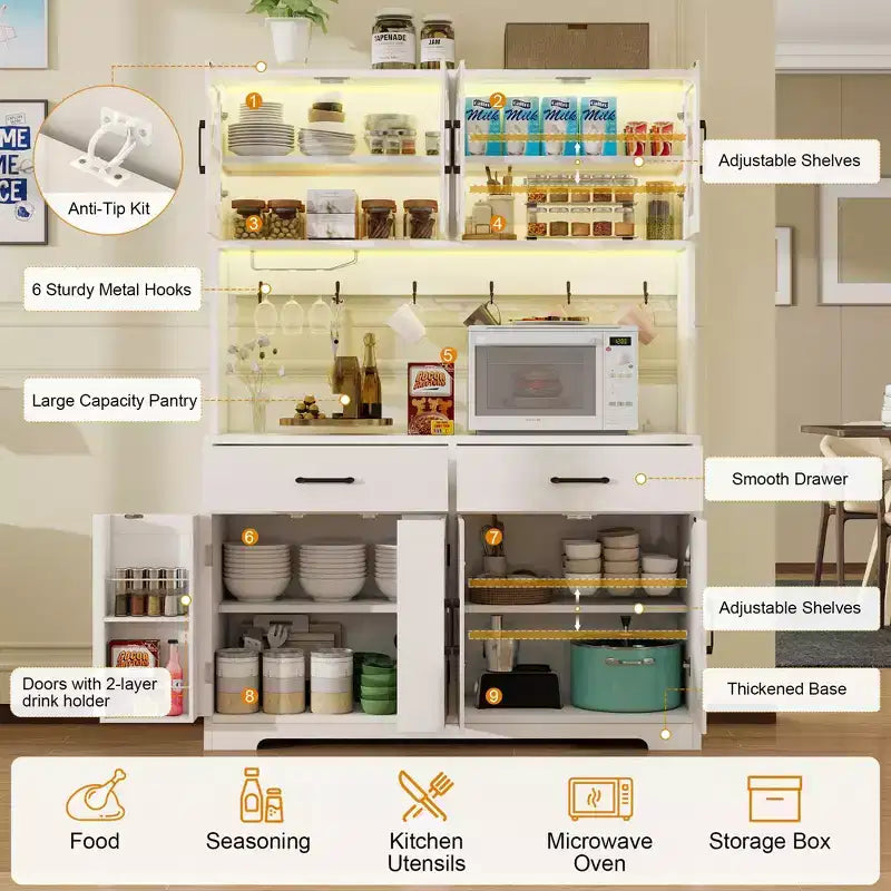 Mobile dispensa da cucina con luci intelligenti Bluetooth RGB e ripiani portaoggetti sullo sportello, credenza alta 180 cm con presa di corrente per angolo caffè