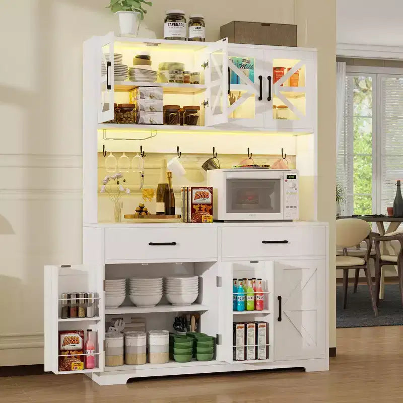 Mobile dispensa da cucina con luci intelligenti Bluetooth RGB e ripiani portaoggetti sullo sportello, credenza alta 180 cm con presa di corrente per angolo caffè