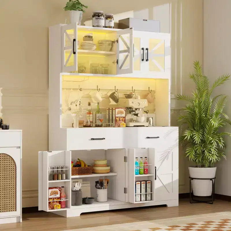Mobile dispensa da cucina con luci intelligenti Bluetooth RGB e ripiani portaoggetti sullo sportello, credenza alta 180 cm con presa di corrente per angolo caffè