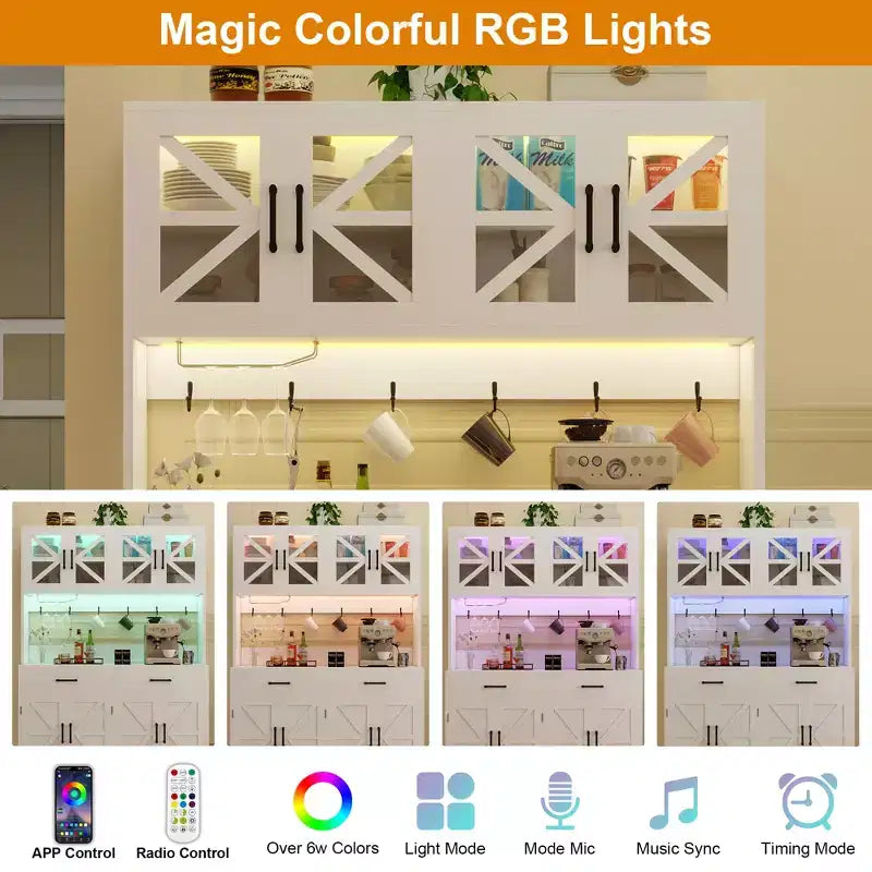 Mobile dispensa da cucina con luci intelligenti Bluetooth RGB e ripiani portaoggetti sullo sportello, credenza alta 180 cm con presa di corrente per angolo caffè