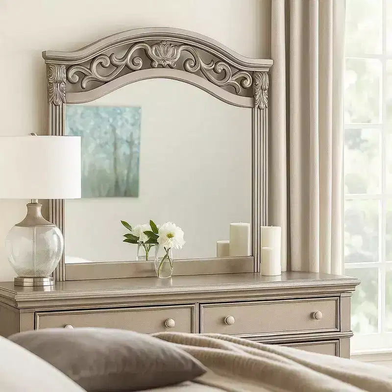 Royal Hampton Dresser Mirror, Antique Silver Pine Wood, Molded Frame Detail, 37x41