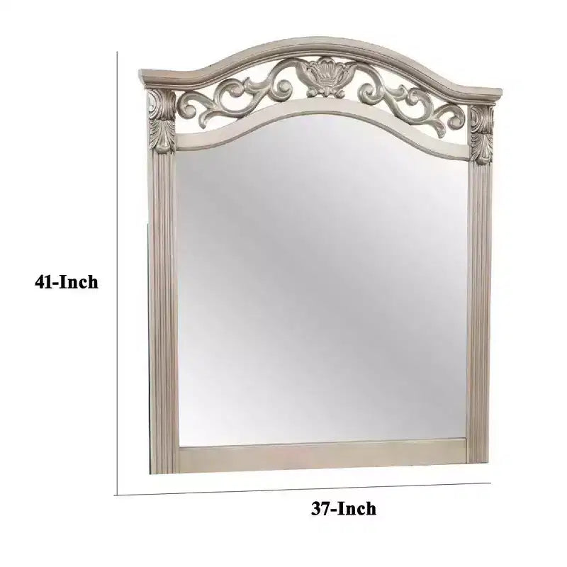 Specchio per Comò, Legno di Pino Anticato Argento, Cornice Sagomata, 37x41