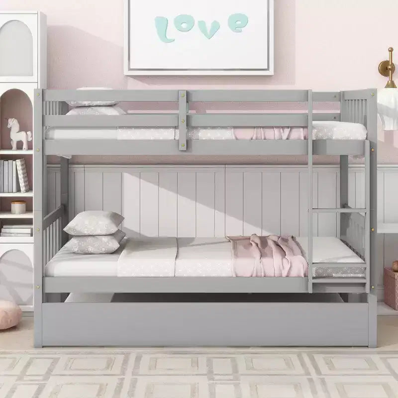 MAYEERTY Twin Rubber Wood Bunk Bed with Trundle Twin Bunk Bed with Ladder and Safety Guardrails Gray