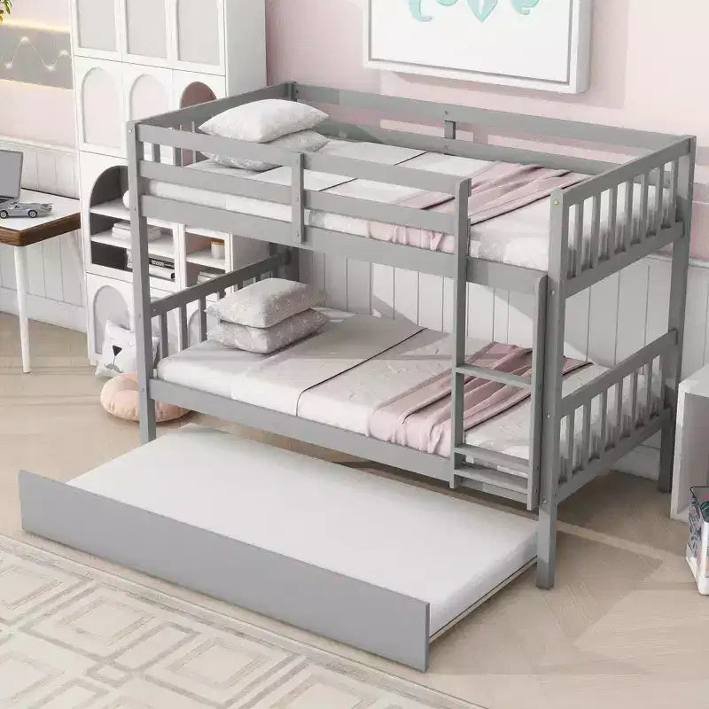 Letto a castello matrimoniale in legno di caucciù con letto estraibile, scaletta e sponde di sicurezza grigio
