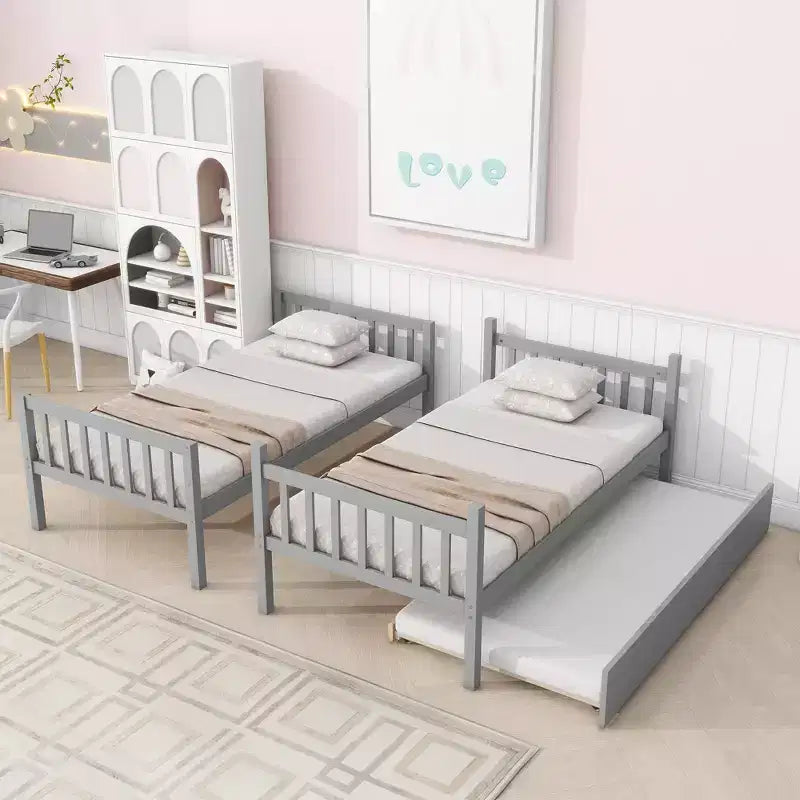 Letto a castello matrimoniale in legno di caucciù con letto estraibile, scaletta e sponde di sicurezza grigio