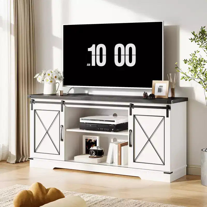 Mobile TV, Centro Intrattenimento con Ante Scorrevoli a Stile Fienile e Ripiano Regolabile, Tavolino Consolle Multimediale per TV con Mobile Contenitore