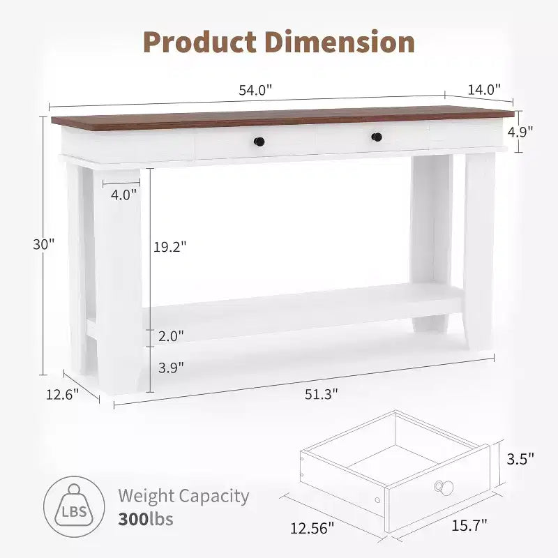 Tavolo consolle lungo 137 cm, tavolo da ingresso in legno con 2 cassetti e ripiano aperto, tavolo da atrio per ingresso, corridoio, soggiorno