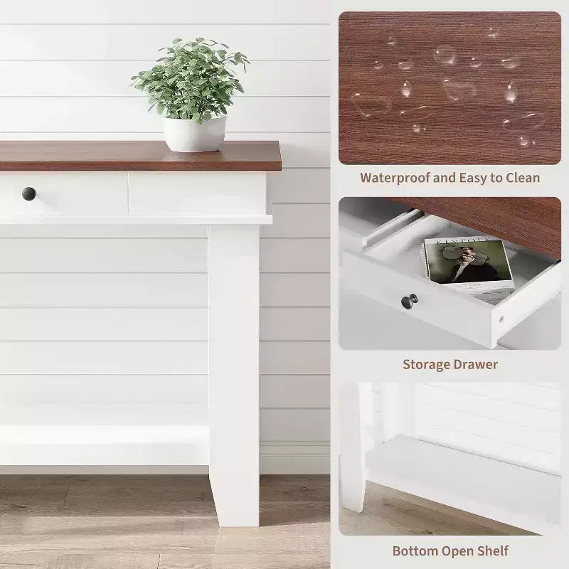 Tavolo consolle lungo 137 cm, tavolo da ingresso in legno con 2 cassetti e ripiano aperto, tavolo da atrio per ingresso, corridoio, soggiorno