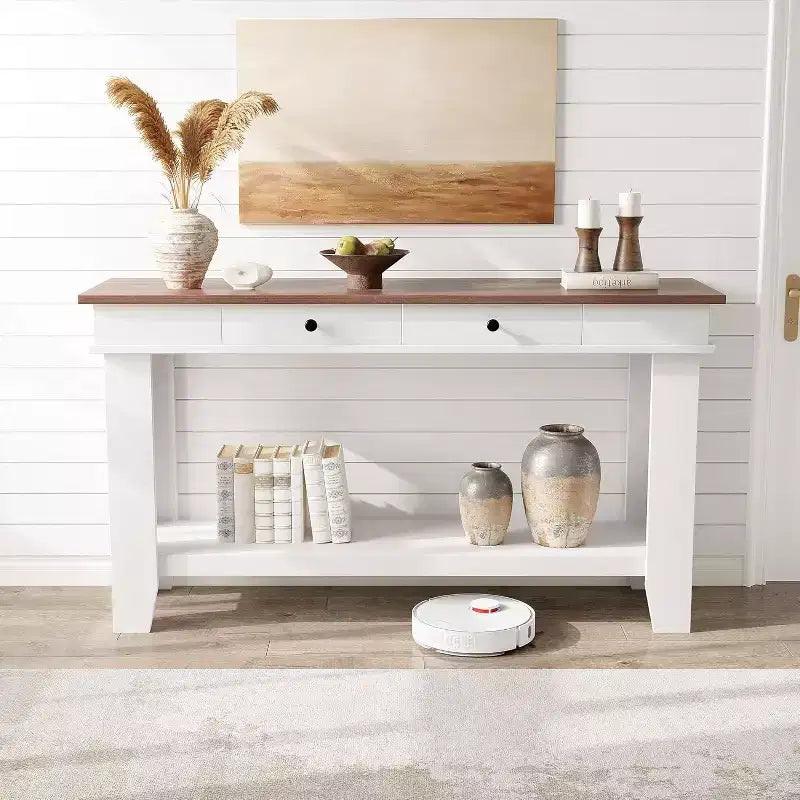Tavolo consolle lungo 137 cm, tavolo da ingresso in legno con 2 cassetti e ripiano aperto, tavolo da atrio per ingresso, corridoio, soggiorno