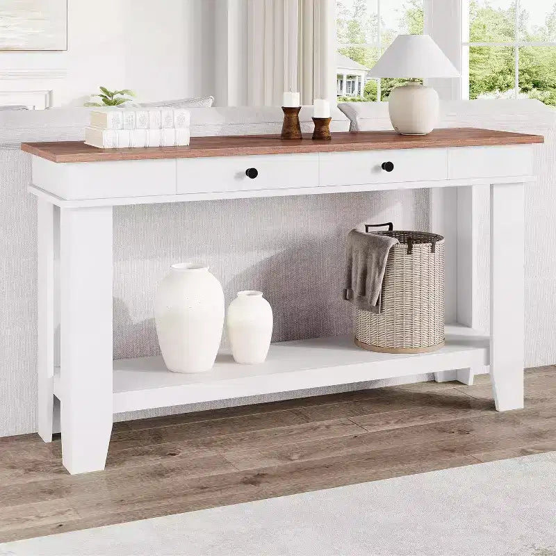 Tavolo consolle lungo 137 cm, tavolo da ingresso in legno con 2 cassetti e ripiano aperto, tavolo da atrio per ingresso, corridoio, soggiorno