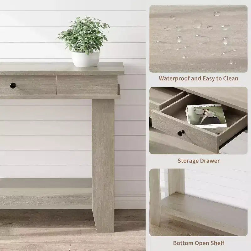 Tavolo consolle lungo 137 cm, tavolo da ingresso in legno con 2 cassetti e ripiano aperto, tavolo da atrio per ingresso, corridoio, soggiorno