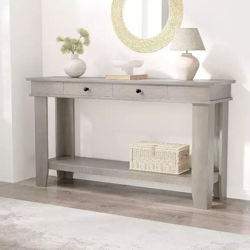 Tavolo consolle lungo 137 cm, tavolo da ingresso in legno con 2 cassetti e ripiano aperto, tavolo da atrio per ingresso, corridoio, soggiorno