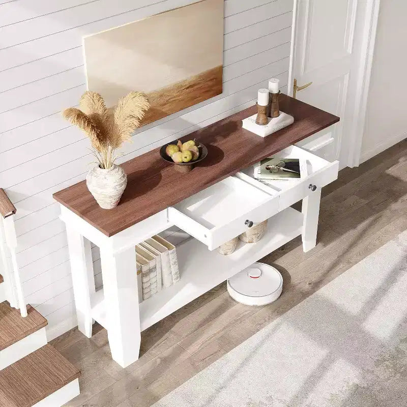 Tavolo consolle lungo 137 cm, tavolo da ingresso in legno con 2 cassetti e ripiano aperto, tavolo da atrio per ingresso, corridoio, soggiorno