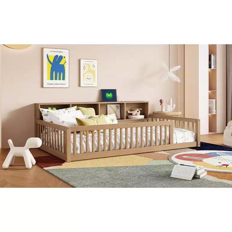 Bellemave Letto a terra Twin XL con armadietti e porte di ricarica USB, struttura in legno massello con recinzione semi-chiusa, facile da montare, marrone