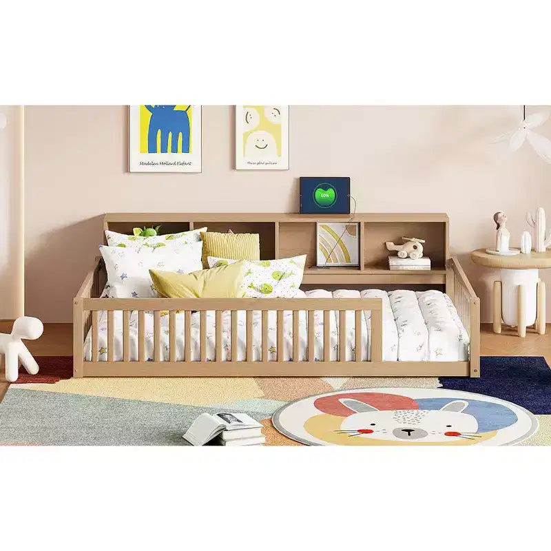 Bellemave Letto a terra Twin XL con armadietti e porte di ricarica USB, struttura in legno massello con recinzione semi-chiusa, facile da montare, marrone