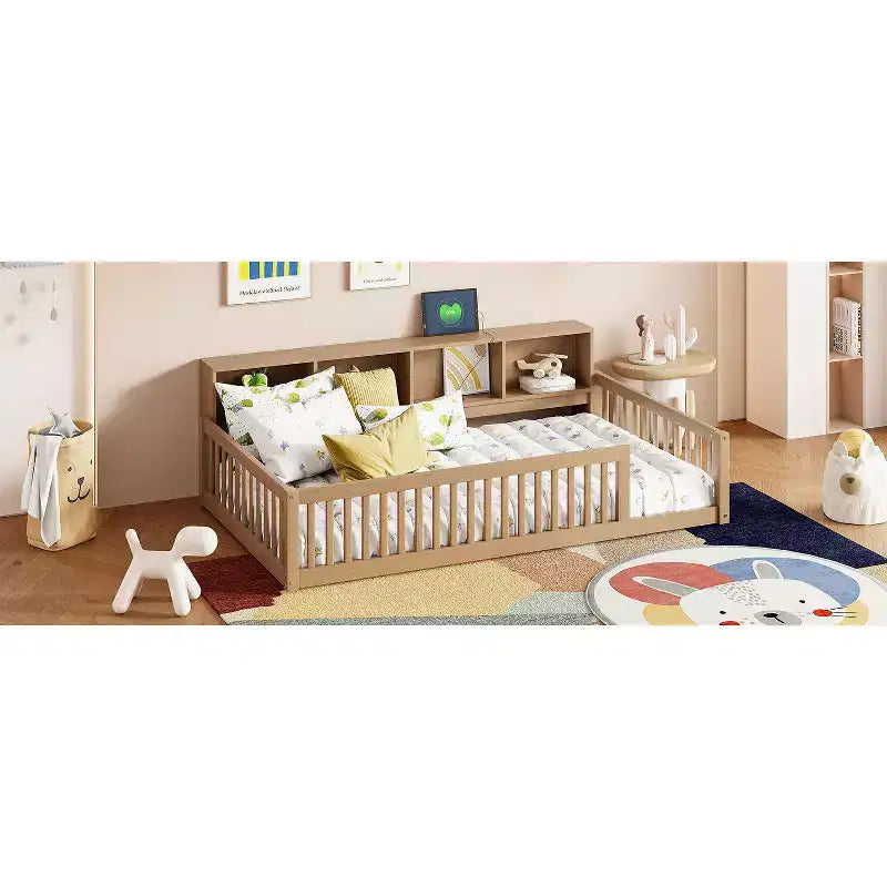 Bellemave Letto a terra Twin XL con armadietti e porte di ricarica USB, struttura in legno massello con recinzione semi-chiusa, facile da montare, marrone