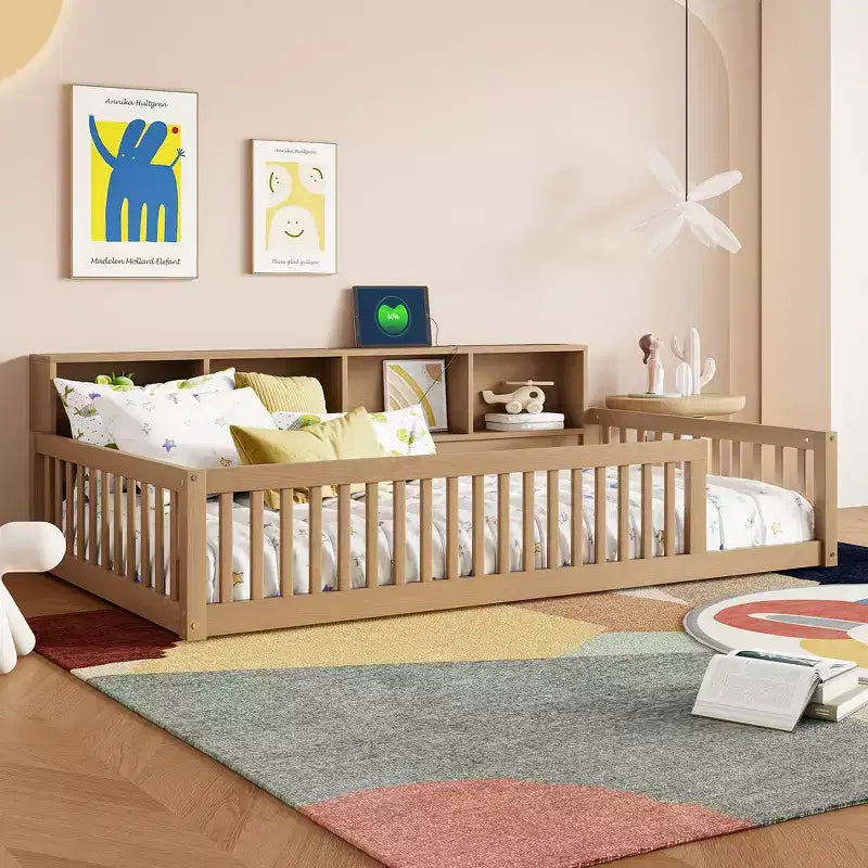 Bellemave Letto a terra Twin XL con armadietti e porte di ricarica USB, struttura in legno massello con recinzione semi-chiusa, facile da montare, marrone