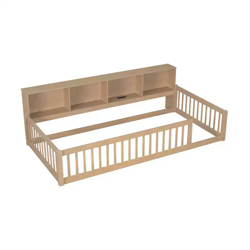Bellemave Letto a terra Twin XL con armadietti e porte di ricarica USB, struttura in legno massello con recinzione semi-chiusa, facile da montare, marrone