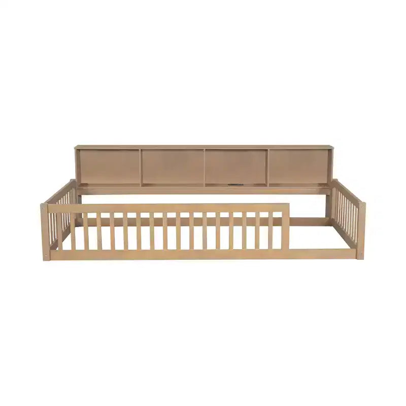 Bellemave Letto a terra Twin XL con armadietti e porte di ricarica USB, struttura in legno massello con recinzione semi-chiusa, facile da montare, marrone