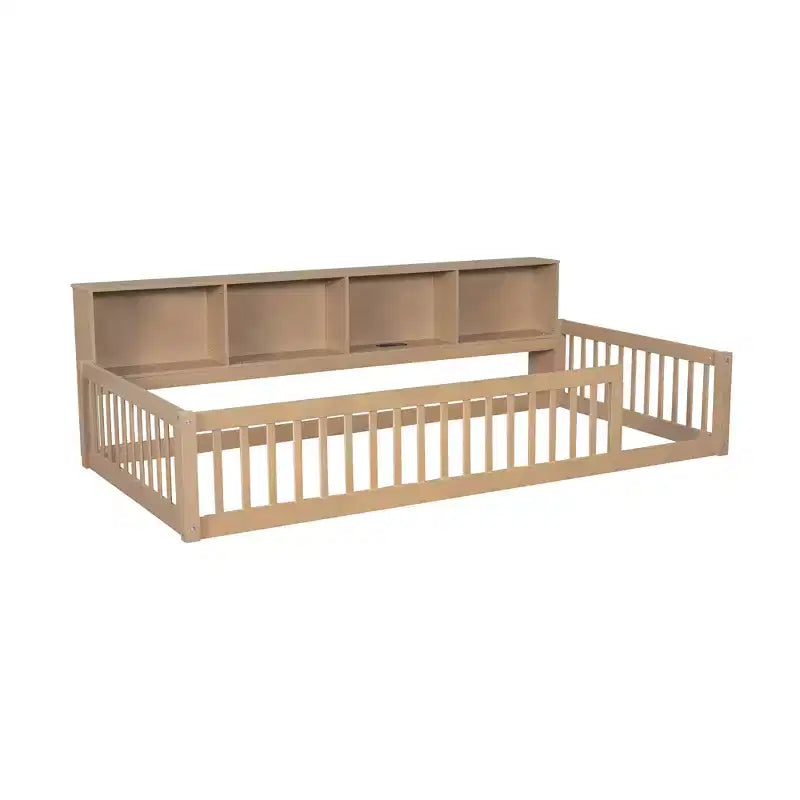 Bellemave Letto a terra Twin XL con armadietti e porte di ricarica USB, struttura in legno massello con recinzione semi-chiusa, facile da montare, marrone