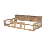 Bellemave Letto a terra Twin XL con armadietti e porte di ricarica USB, struttura in legno massello con recinzione semi-chiusa, facile da montare, marrone