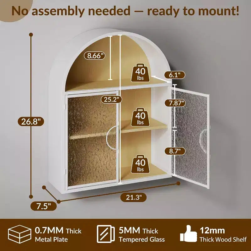 Bekrvio Mobiletto da bagno a parete ad arco con ante in vetro, mobiletto galleggiante in metallo completamente assemblato sopra il WC