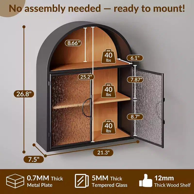 Bekrvio Mobiletto da bagno a parete ad arco con ante in vetro, mobiletto galleggiante in metallo completamente assemblato sopra il WC