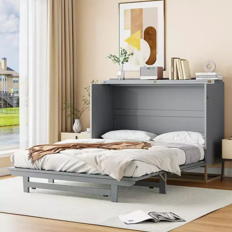 Letto a scomparsa Queen Murphy Bed con gamba dorata, letto a scomparsa formato Queen Size con ante in vetro smerigliato e cassetti finti