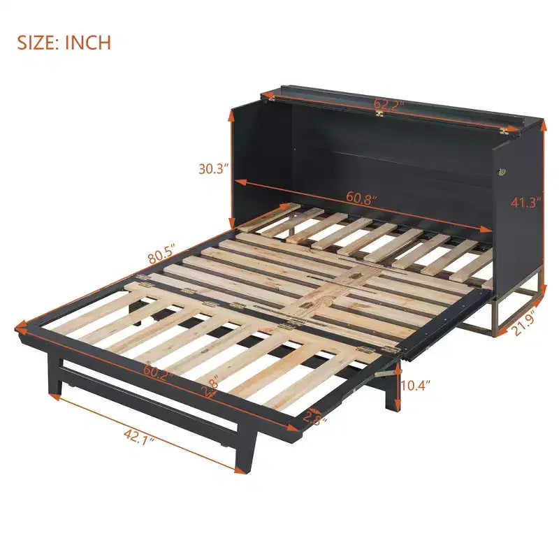 Letto a scomparsa Queen Murphy Bed con gamba dorata, letto a scomparsa formato Queen Size con ante in vetro smerigliato e cassetti finti