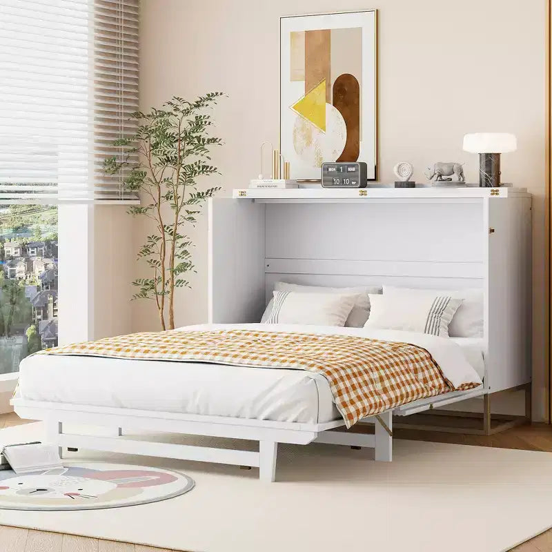 Letto a scomparsa Queen Murphy Bed con gamba dorata, letto a scomparsa formato Queen Size con ante in vetro smerigliato e cassetti finti