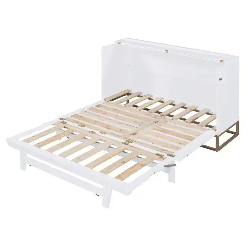 Letto a scomparsa Queen Murphy Bed con gamba dorata, letto a scomparsa formato Queen Size con ante in vetro smerigliato e cassetti finti