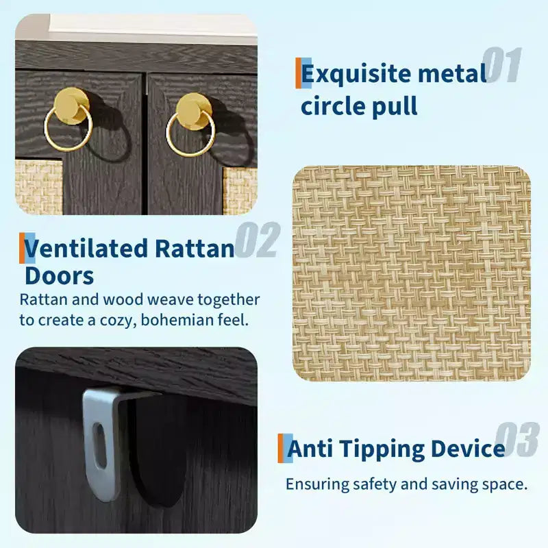 Scarpiera in Rattan per Ingresso, Scaffale Organizer a 5 Ripiani Stile Fattoria, Mobile Contenitore Stretto per Scarpe Autoportante con 2 Ante per Foyer, Corridoio, Soggiorno
