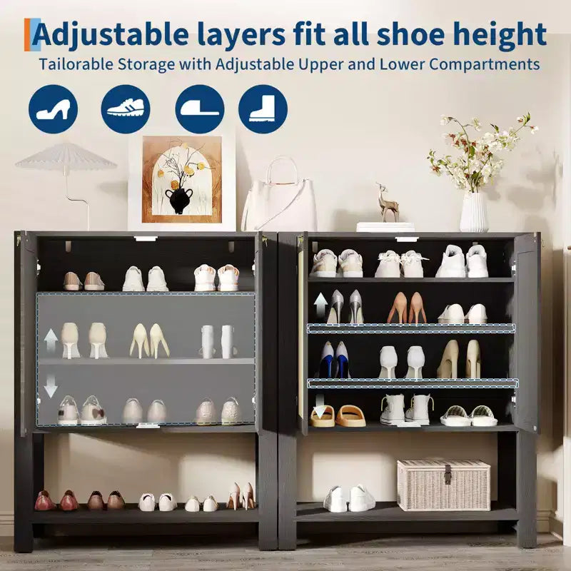Scarpiera in Rattan per Ingresso, Scaffale Organizer a 5 Ripiani Stile Fattoria, Mobile Contenitore Stretto per Scarpe Autoportante con 2 Ante per Foyer, Corridoio, Soggiorno