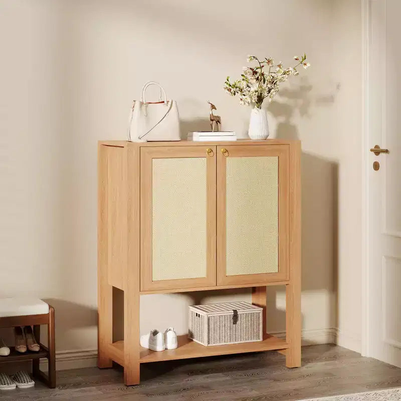 Scarpiera in Rattan per Ingresso, Scaffale Organizer a 5 Ripiani Stile Fattoria, Mobile Contenitore Stretto per Scarpe Autoportante con 2 Ante per Foyer, Corridoio, Soggiorno
