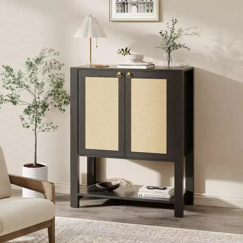 Scarpiera in Rattan per Ingresso, Scaffale Organizer a 5 Ripiani Stile Fattoria, Mobile Contenitore Stretto per Scarpe Autoportante con 2 Ante per Foyer, Corridoio, Soggiorno