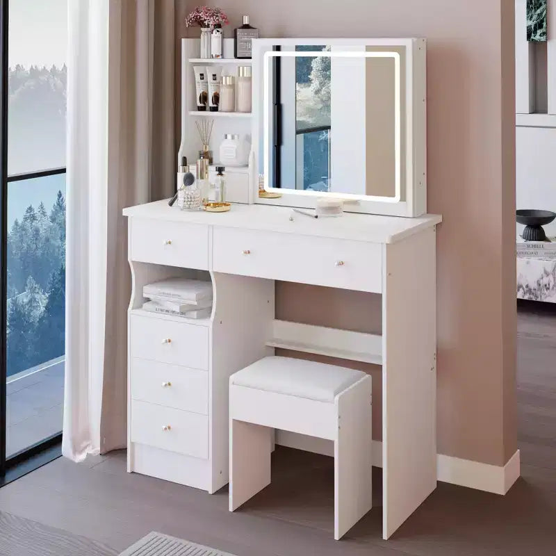 Okak 37IN Tavolino da toeletta con sgabello imbottito, toeletta trucco con grande specchio scorrevole e touch control, ampia scrivania da toeletta per grandi spazi