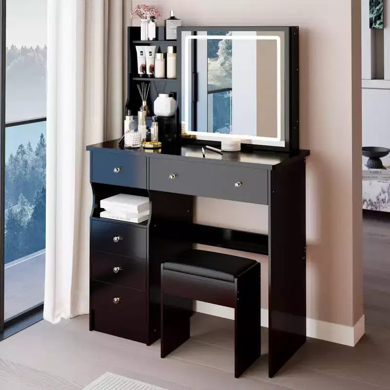 Okak 37IN Tavolino da toeletta con sgabello imbottito, toeletta trucco con grande specchio scorrevole e touch control, ampia scrivania da toeletta per grandi spazi