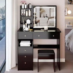 Okak 37IN Vanity Table with Cushioned Stool, Makeup Vanity with Large Sliding and Touch Control Mirror, Ample Vanity Desk for Large Space