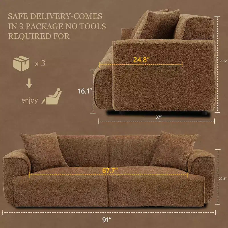 Divano moderno da 91 pollici, divano a nuvola teddy comodo e profondo, divano bouclé imbottito a 3 posti, divanetto oversize per soggiorno e camera da letto