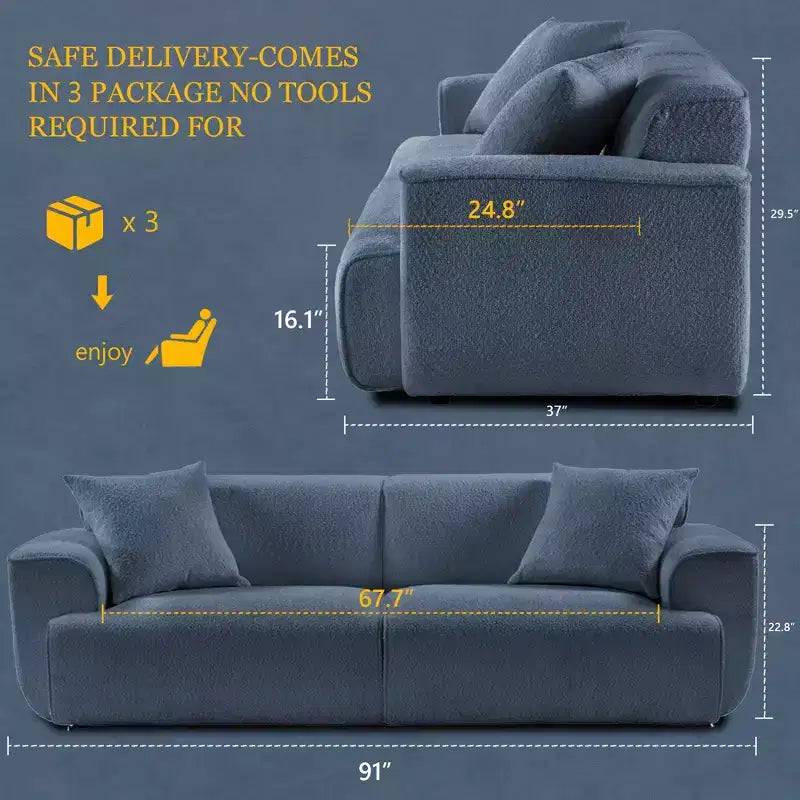 Divano moderno da 91 pollici, divano a nuvola teddy comodo e profondo, divano bouclé imbottito a 3 posti, divanetto oversize per soggiorno e camera da letto